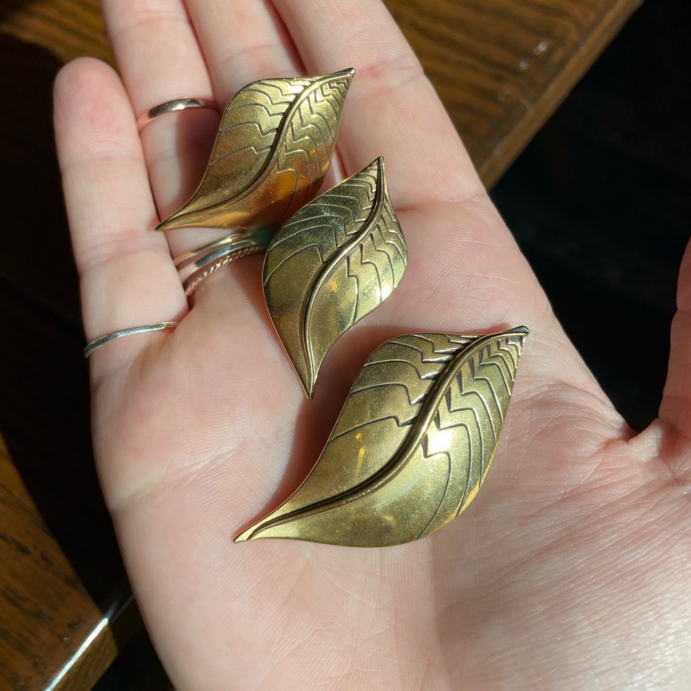 Vintage Gold Tone Leaf Earrings + Brooch